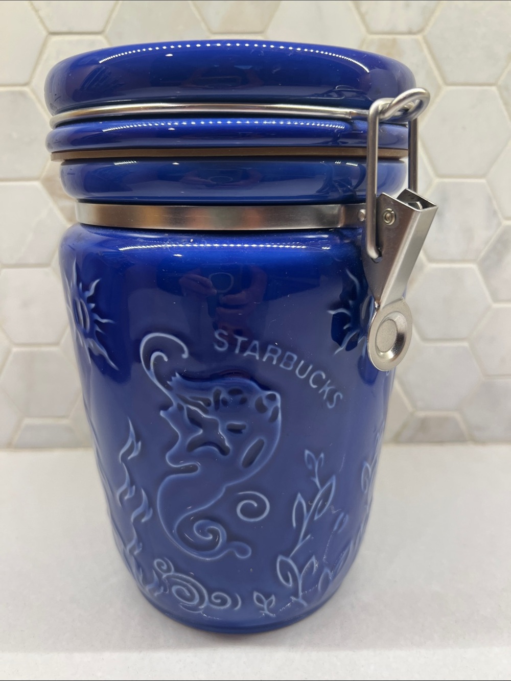 Vintage Cobalt Blue Starbucks Air Lock Coffee Canister Embossed Mermaid Sun